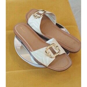 ALDO Qelajar Slide Sandals Women's Size 6 Off White With Gold Buckle Classic Min